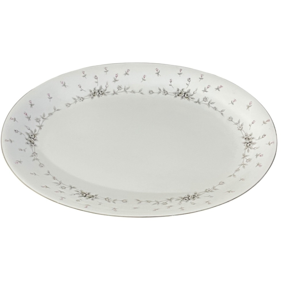 Queen Anne Nagoya Shokai Serving Platter Oval 16in White Gray Rose Japan Vintage